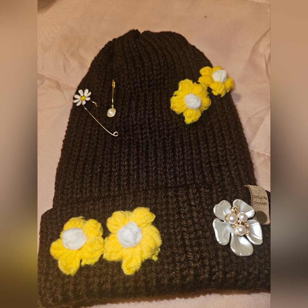 Brown Knit Beanie with Yellow Floral Accents